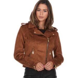 Jou Jou Cognac Faux Suede Moto Biker Jacket - Size Large Like New
